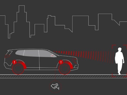 2025 GMC Acadia model view of pedestrian and bicycle braking safety feature